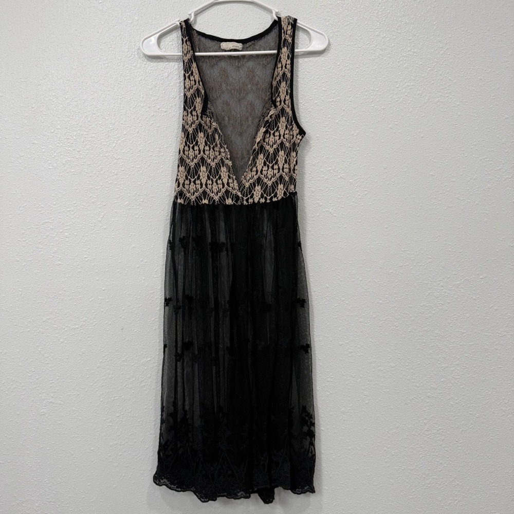 A'reve Lace Mesh Midi Dress Black Cream Sleeveless V-Neck AJ4421-S5V3 Boho
